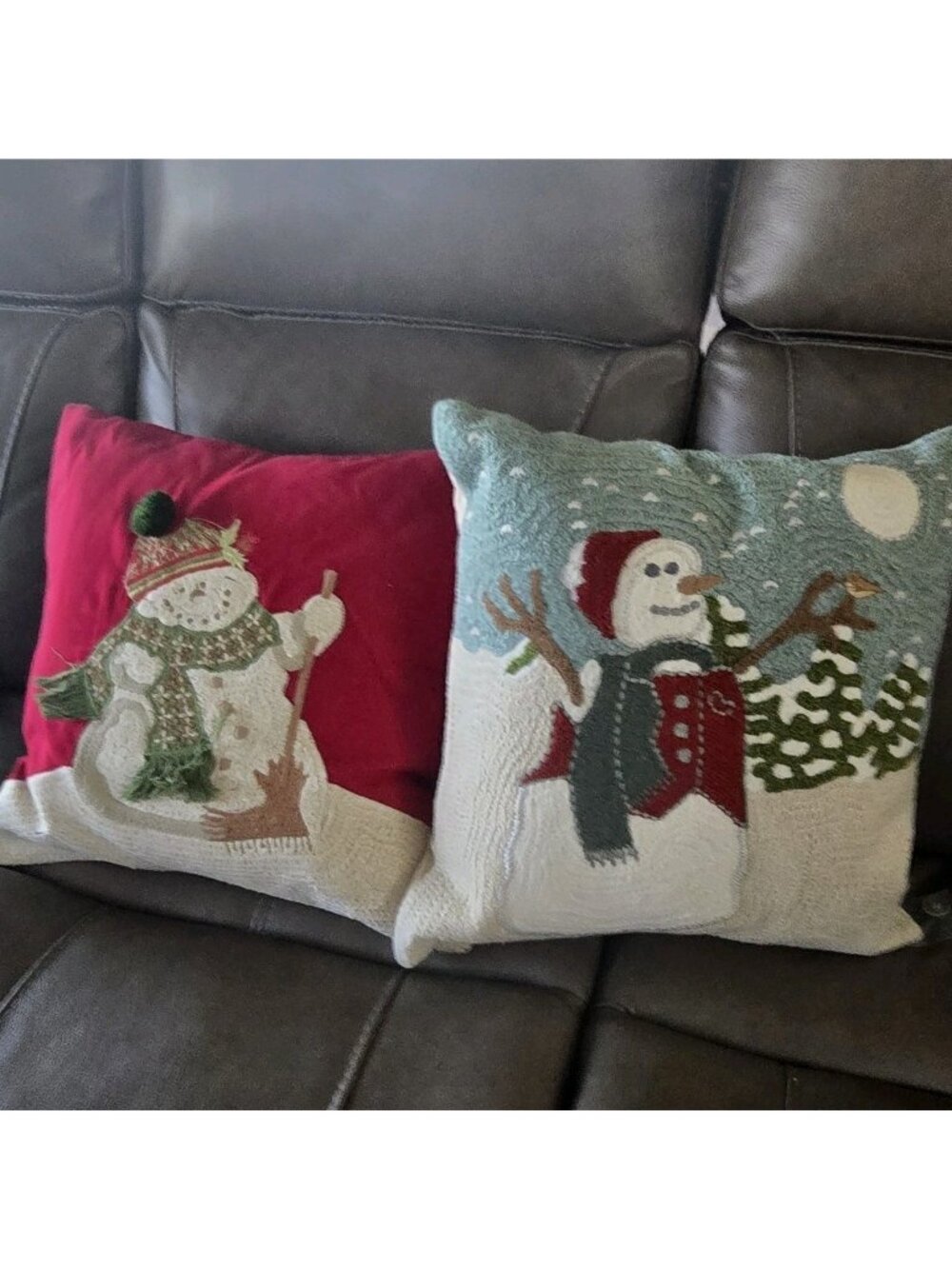 2 Pottery Barn Embroidered Winger Scene Snowman Pillow / Cover 18"x18"